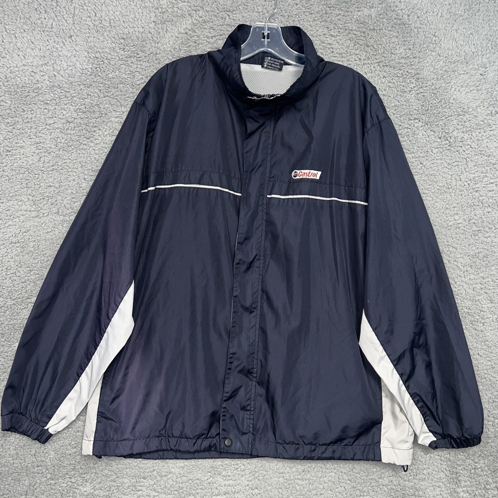 VTG Castrol Oil Jacket Men's Size‎ XL Blue Gray Windbreaker Full Zip Embroidered